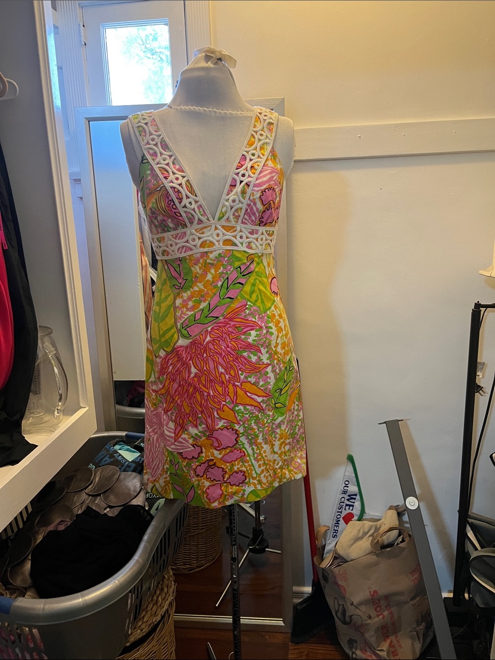 Trina Turk Pink, Green & Yellow Floral V-Neck Mini Dress